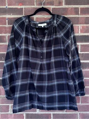 Jones New York Sport Blouse Women’s Large Black Plaid 3/4 Sleeve Cotton Top